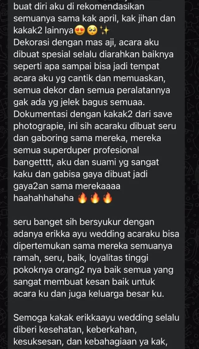 Screenshot chat WhatsApp dari pengantin Pengantin Errika Wedding