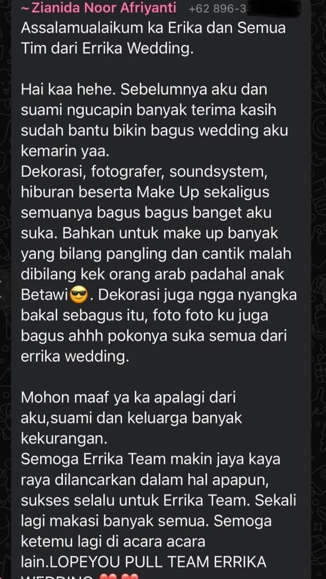 Screenshot chat WhatsApp dari pengantin Zianida