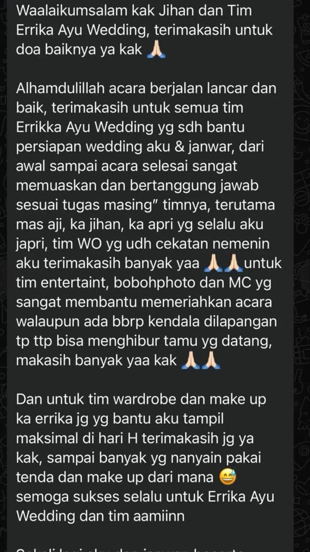 Screenshot chat WhatsApp dari pengantin Pengantin Errika Wedding