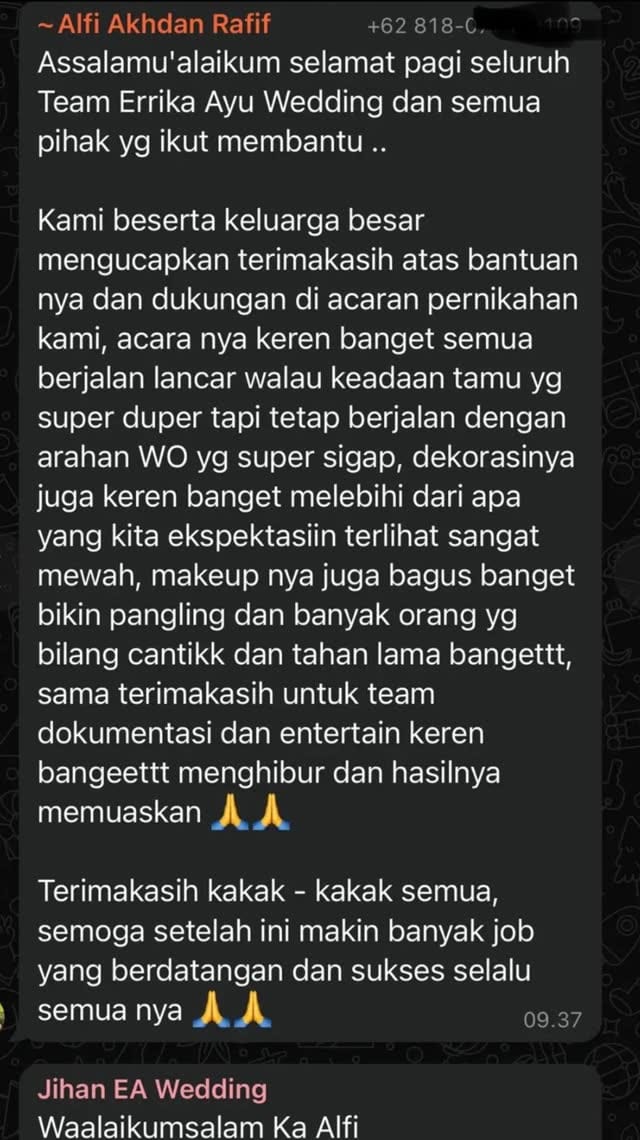Screenshot chat WhatsApp dari pengantin Shalsa & Alfi