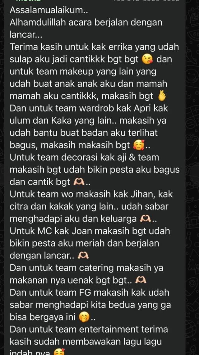 Screenshot chat WhatsApp dari pengantin Metha