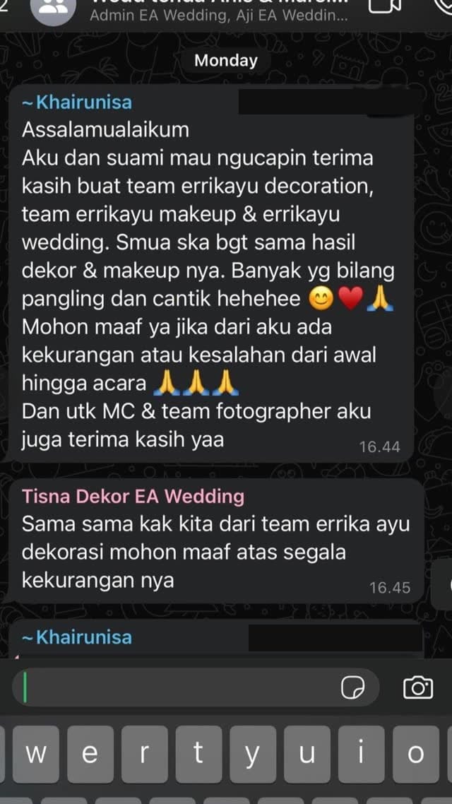 Screenshot chat WhatsApp dari pengantin Khairunisa