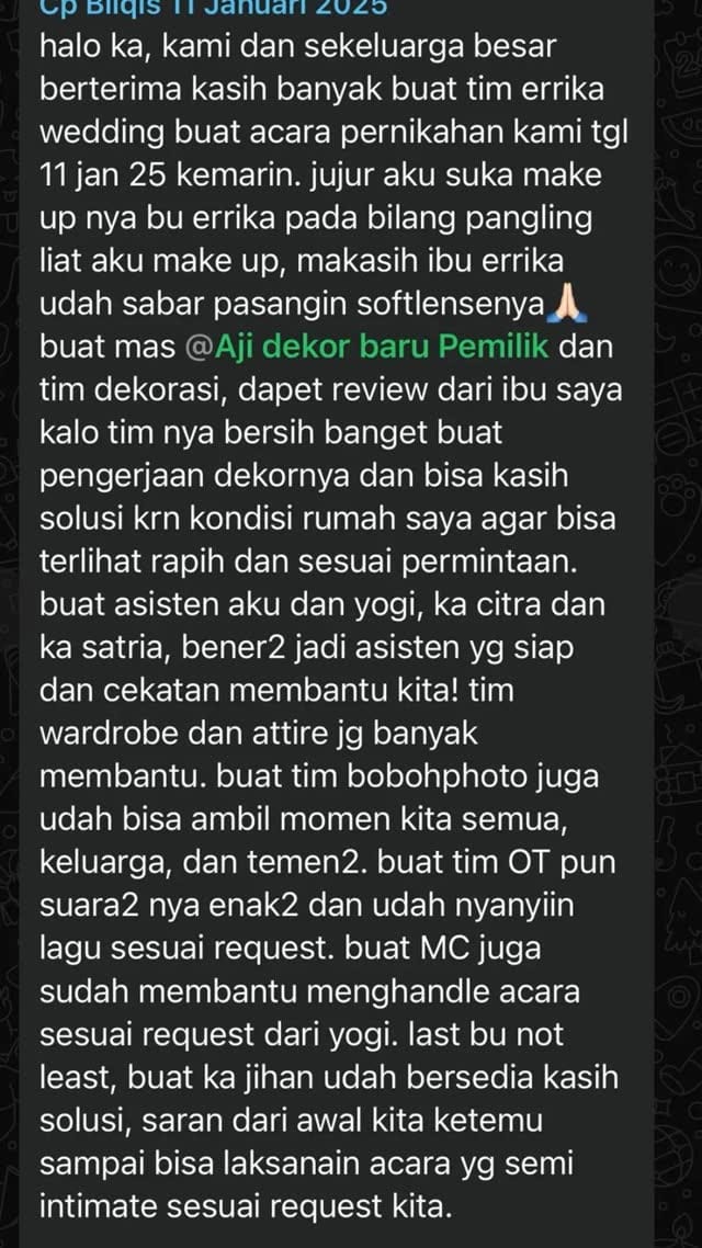 Screenshot chat WhatsApp dari pengantin Bilqis & Yogi