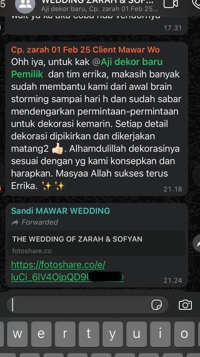 Screenshot chat WhatsApp dari pengantin Zarah & Sofyan