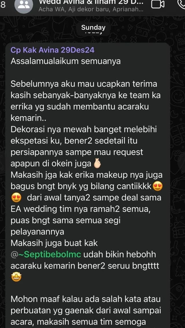 Screenshot chat WhatsApp dari pengantin Avina & Ilham