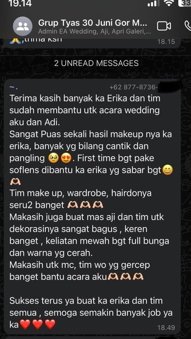 Screenshot chat WhatsApp dari pengantin Tyas & Adi