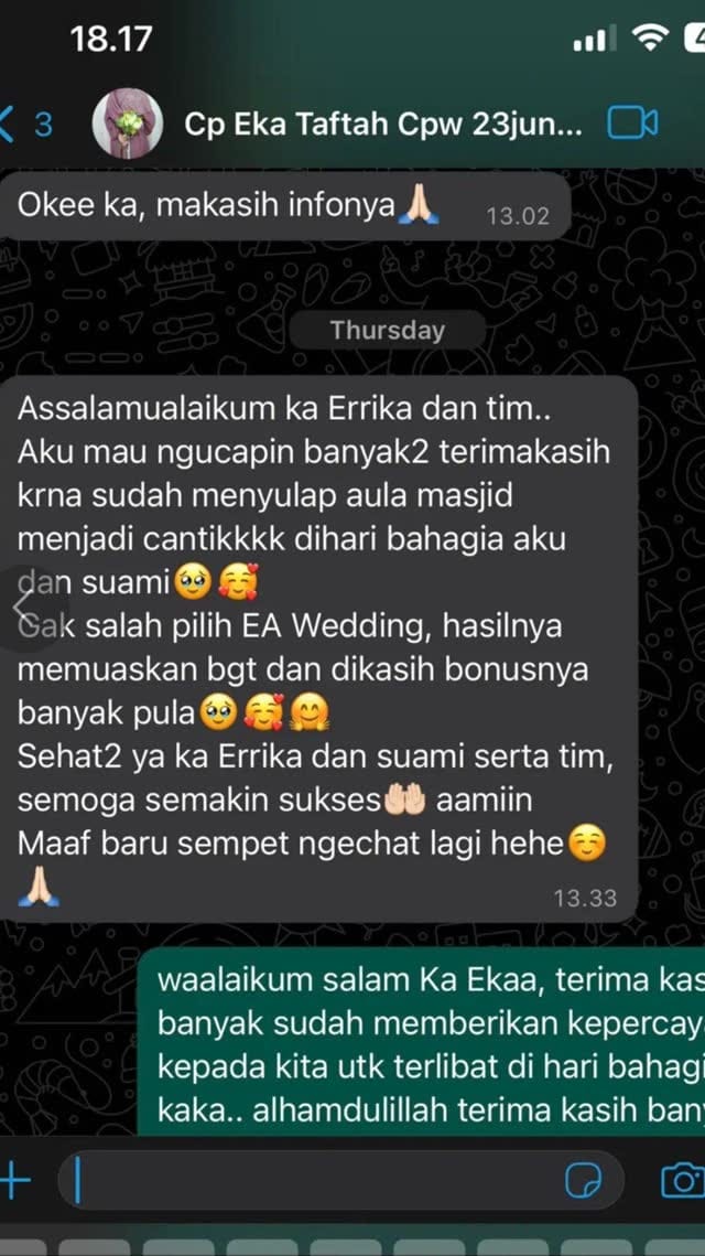 Screenshot chat WhatsApp dari pengantin Eka
