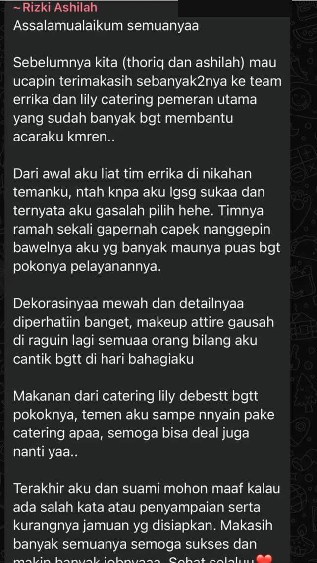 Screenshot chat WhatsApp dari pengantin Ashilah & Thoriq